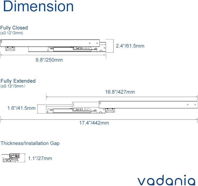 VADANIA 10" Undermount Drawer Slide, Push to Open, Bottom Mounted & Bottom Support, 88 lb Load Capacity, 3-Fold Full Extension, Invisible Drawer Slies,1 Pair(2-Pack)
