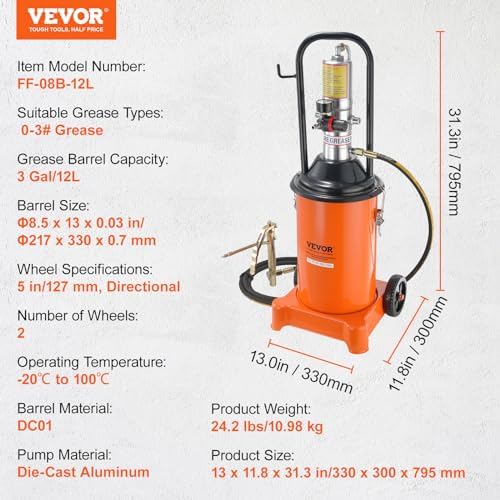VEVOR Grease Pump, 3 Gallon Air Grease Pump with 13 ft High Pressure Hose and Grease Gun, 12L Pneumatic Grease Pump with Wheels, Portable Lubrication Grease Pump