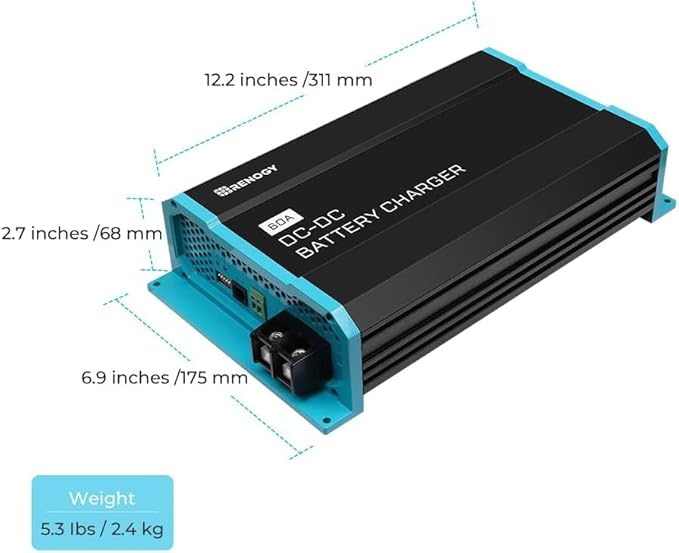 12V 60A DC-DC Battery Charger with LiFePO4 Activation, Waterproof Smart Battery Charger Compatibility with Flooded, Gel, AGM, and Lithium Batteries for RV Marine Truck All Weather