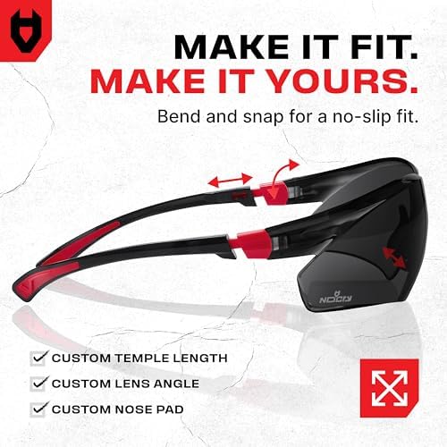 NoCry Work and Sports Safety Sunglasses with Green Tinted Scratch Resistant Wrap-Around Lenses and No-Slip Grips, UV 400 Protection. Adjustable, Black & Red Frames (10 pack)