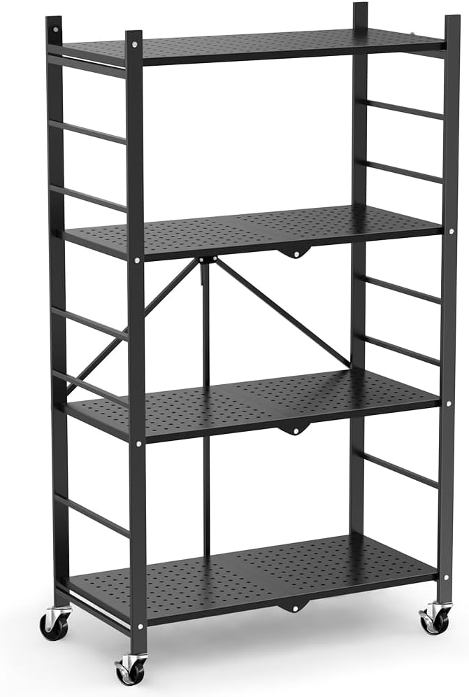 Himix Storage Shelves with 20 Hooks, 4-Tier Foldable Shelves for Storage, Folding Shelf Unit Pantry Shelves with Wheels, Metal Shelving Storage Rack Shelf for Kitchen Garage Home, Black - No Assembly