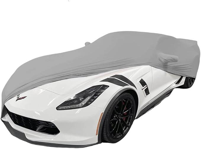 SR1 USA C7 Corvette Indoor Car Cover - Custom Fit Ultraguard Stretch Satin Dust Proof, High End with Storage Bag for 2014-2019 Stingray, Z51, Z06, Grand Sport Corvettes (Silver)