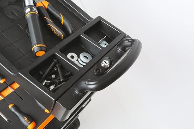 Beta C27S Collapsible Rolling Tool Cart | Heavy-Duty Mobile Metal Tool Trolley with Locking Drawers, 4ā Steering Wheels, Brake System | Thermoplastic Worktop | Black