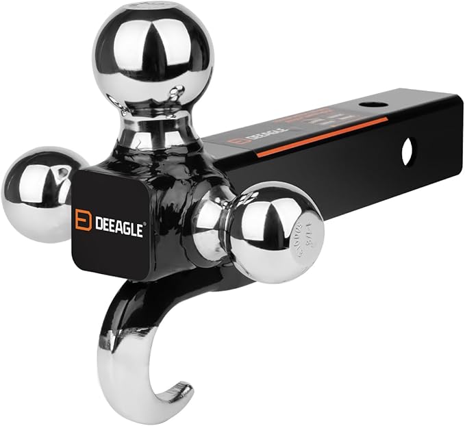 DEEAGLE 3 Ball Hitch with Hook, Tri Ball Hitch, 1-7/8", 2" and 2-5/16" Ball, Fit 2” Hitch Receiver, Heavy Duty Tow Hitch