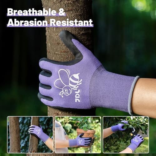 JDL 12 Pairs Nylon Nitrile Coated Gardening Gloves for Women, Touchscreen Yard Garden Gloves, Breathable Safety Work Gloves with Grip, Purple, Medium