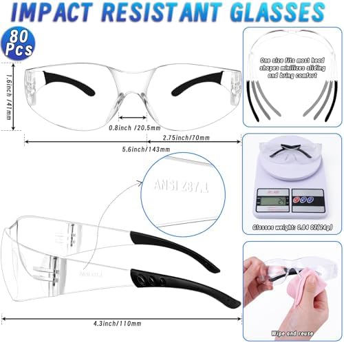80 PCS Clear Safety Glasses Bulk for Men Women ANSI Z87.1 Safety Goggles