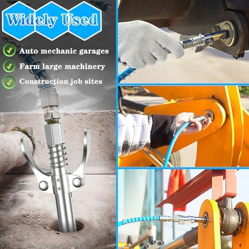 Grease Gun Coupler Quick Lock and Release Lube Grease Gun Tip 2PCS+12''Grease Gun Tube+9PCS Grease Nipple Nozzle Ends Kit M6-M10 Compatible with All Grease Guns 1/8" Npt 10000PSI