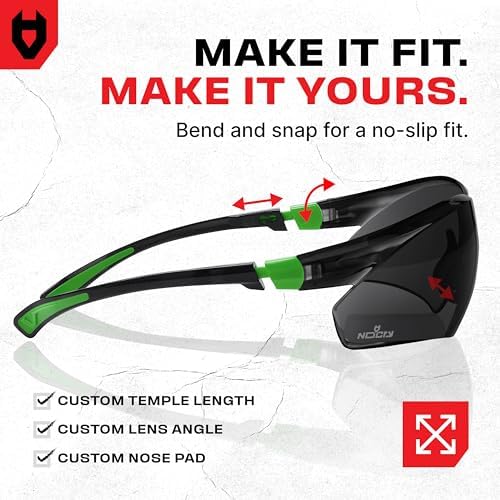 NoCry Safety Sunglasses with Green Tinted Wraparound Lenses; Tinted Safety Glasses for Men and Women with Adjustable Arms & No-Slip Grips; Work Glasses with UV 400 Protection; ANSI Z87.1 Rated
