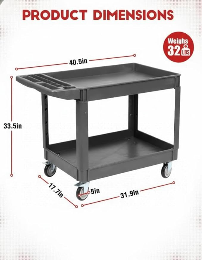 2 Tier Metal Utility Cart,330 Lbs Metal Heavy Duty Utility Cart On Wheels,2 Shelf Steel Rolling Tool Cart, Tool Storage Organizer for Mechanic, Garage, Workshop, Warehouse (Gray, 40x17x33.5)