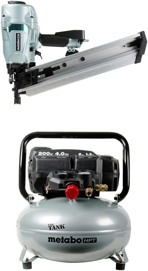 Metabo HPT Framing Nailer (NR90AC5) w/ Metabo HPT Air Compressor | THE TANK™ | 200 PSI | 6 Gallon | Pancake | (EC914S)