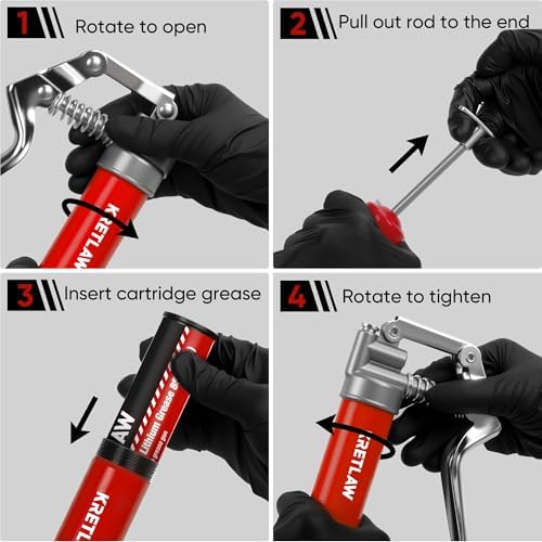 KRETLAW Mini Grease Gun (3000PSI) with Double 3oz Cartridge Grease and 12'' Flex Hose, Reinforced Coupler for Automotive, Red