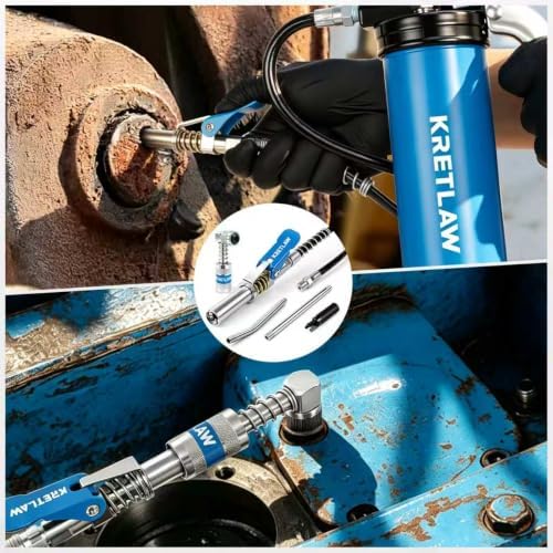 KRETLAW 6-Piece Grease Gun Fittings Kit with 90 Degree Grease Gun Coupler Adapter, 18-Inch Flexible Grease Gun Hose, 2 Extension Pipes & Grease Zerk Cleaner, fits All 1/8" NPT Grease Guns