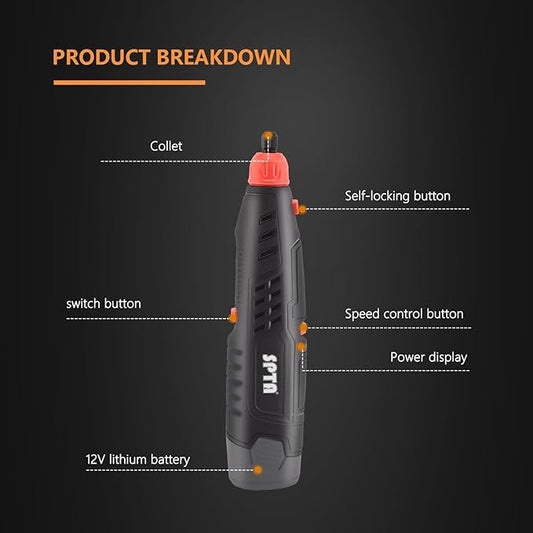 Cordless Rotary Tool, SPTA Powerful Mini Detail Polisher Kit, 36Pcs 12V Li-ion Battery 5,000-25,000 RPM Micro Auto Detailing Car Polisher Polishing Foam Pad Set for Buffing Polishing Sanding Cleaning