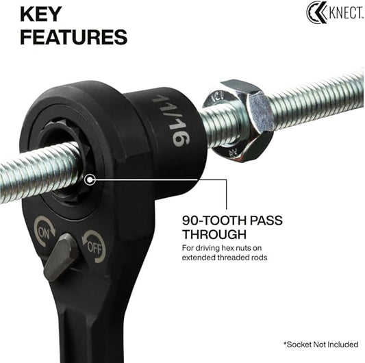 KLEIN TOOLS 65408ADP KNECT (M) Pass Through Ratchet and 3/8-Inch Socket Adapter Set, 90-Tooth Wrench for Extended Threaded Rods, Compact and Comfortable Grip, Traditional Socket Compatibility