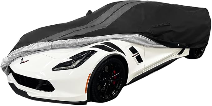 SR1 Performance USA C7 Corvette Car Cover - Custom Fit Indoor/Outdoor UV & Rain Protection - Ultraguard 300 Denier High End for 2014-2019 Stingray, Z51, Z06, Grand Sport (Black with Gray Stripes)