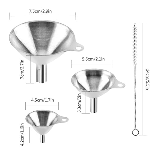 3-Piece Stainless Steel Kitchen Funnel Set with 2 Brushes - Stackable Metal Funnels for Essential Oils, Perfume Bottles, Spices, Liquids & Dry Ingredients (Food-Grade, Rust-Proof)