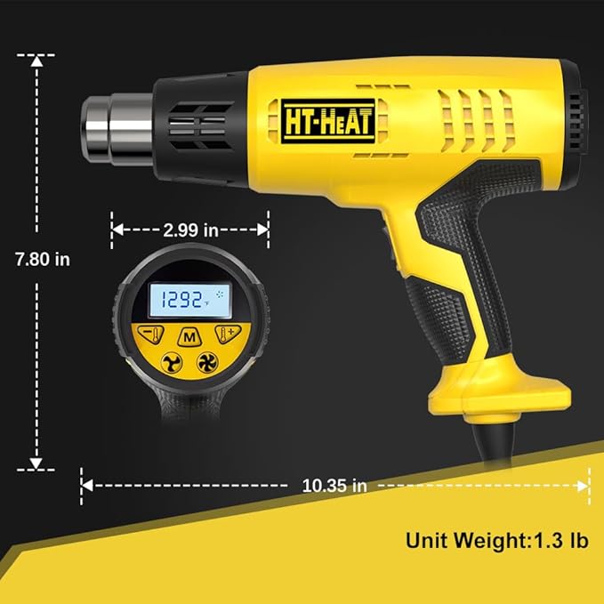 LCD Heat Gun with5 Preset odes, Long Lifespan HeavyDuty Hot Air Gun Adjustable 122°F1292°F & Memory Setting for CraftsShrink Wrapping