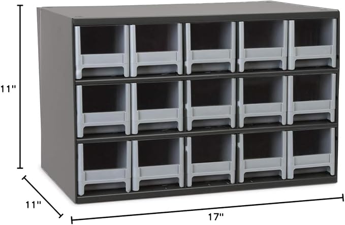Akro-Mils Steel Garage Storage Cabinet, Small Parts Organizer Metal Cabinet for Hardware, Nails, Screws, Bolts, Nuts, and More, 17" W x 11" D x 11" H, 15-Drawer, Gray Cabinet/Gray Drawers (19715)