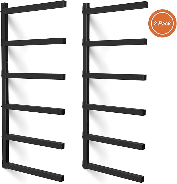 Nandae 2 Pack 6-Level Wall Mount Lumber Storage Metal Rack Wood Organizer, Heavy Duty Wood Storage Solution for Workshop or Garage (Black)