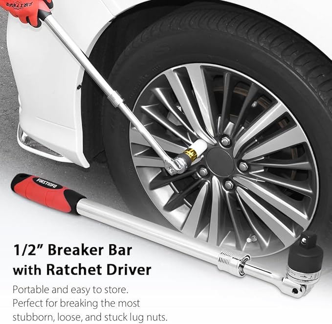FIRSTINFO 1/2" Drive Extendable Breaker Bar Ratchet Wrench Length 17.2 to 22.7 inches, with Flexible Ratchet Head