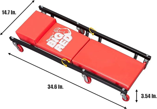 BIG RED 2-Piece Rolling Garage/Shop Creeper: 36" Padded Mechanic Cart with Headrest and 6 Casters, Red