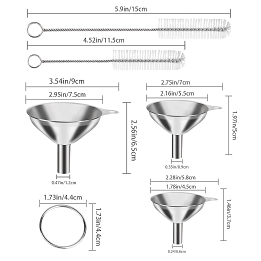 6 Pcs Stainless Steel Mini Funnels for Kitchen use. Large Tiny Small Funnel Set of 3, Metal Cooking Powder Food Grade Flask Funnels for Filling Bottles Liquor Water Spice, 2Pcs Cleaning Brushes VOPTON
