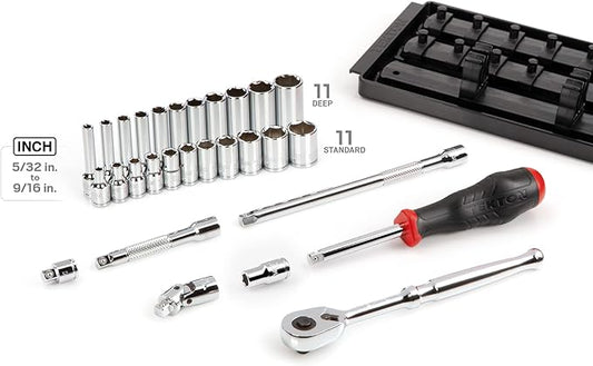 TEKTON 1/4 Inch Drive 6-Point Socket and Ratchet Set with Rails and Tray, 29-Piece (5/32-9/16 in.) | SKT03101