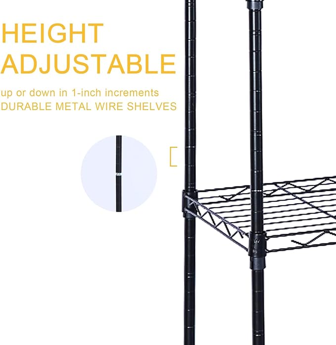 Simple Deluxe 6-Tier Storage Shelves, 17.32" W x 11.42" D x 64.96" H Adjustable Shelving Unit with Wheels and Hanging Hooks, Black
