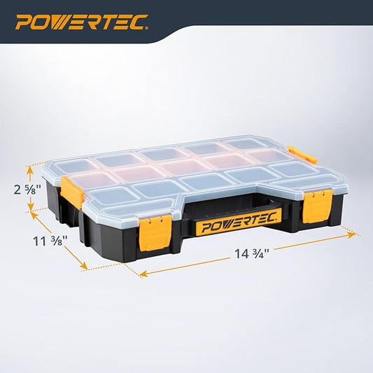 POWERTEC Stackable Tool Box Organizer with Removable Dividers - 17 Compartments, Interlocking, Portable Design (72118)
