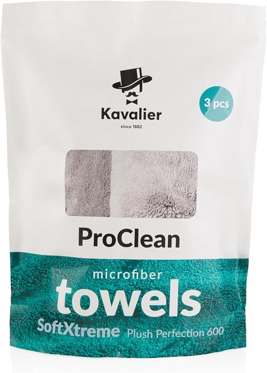 Kavalier ProClean Plush Perfection 600 Microfiber Towel - Dense 600 GSM, 16.1x16.1'' - Optimal Cleaning for Auto & Home, Set of 3, Gray - Ideal for Detailing & Polishing