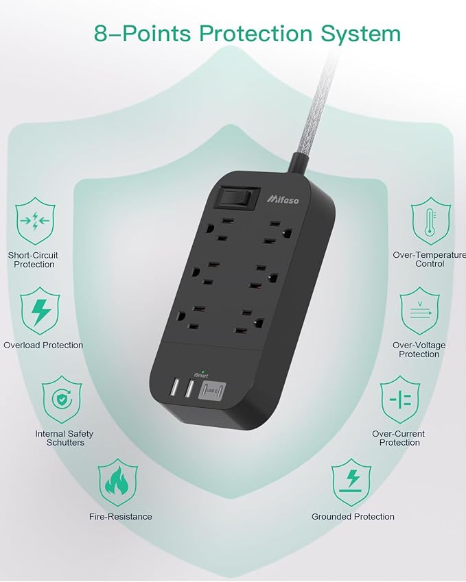 Power Strip - 10 FT Long Flat Plug Extension Cord, 6 Outlets 4 USB Ports (2 USB C) Outlet Extender, Wall Mount, Desktop Charging Station for Home, Office and Dorm Essential, Black