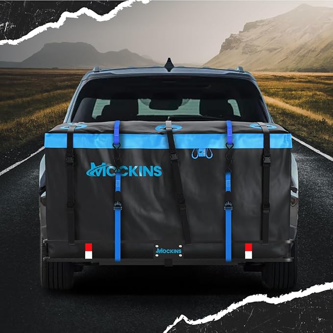 Mockins 25 Cu Ft Large Trailer Hitch Cargo Carrier Bag | 60"x24"x31" Waterproof Cargo Bag for Hitch Carrier & Truck Bed | Weatherproof Vinyl Vehicle Soft-Shell Carriers Set w/Straps, Lock & Carry Case