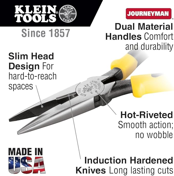 Klein Tools J203-7 Long Nose Side-Cutter Pliers, Induction-Hardened Cutting Knives with Hot-Riveted Joints and Slim Heads, 7-Inch