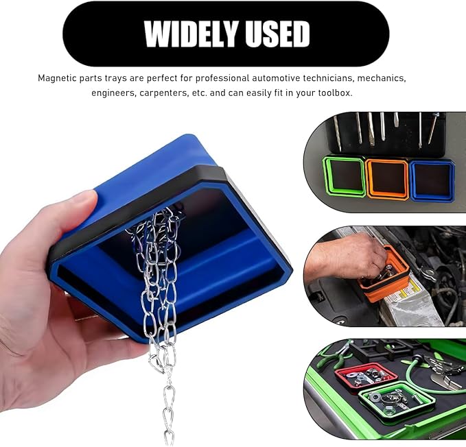 2PCS Collapsible Magnetic Parts Tray, 4.5" Square Silicone Tool Tray with Double-Sided Magnetic Base, Foldable Bowls Small Metal Parts Holder for Screws Bolts Nuts Washers (Black+Blue)