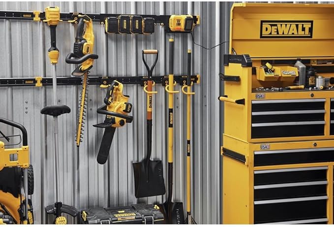 DEWALT Tool Organizer, Wall Mount, Kit for Lawn & Garden Tools, Includes Hooks, 2 Metal Rails, Charger Mount and Magnetic Power Strip, DEWALT Workshop Storage System Compatible (DWST82826)