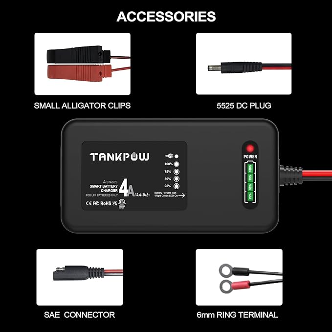 14.6V 4A LiFePO4 Lithium Battery Charger,Smart Battery Charger Maintainer with 4LEDs Indicator,SAE Connector for Cars,Golf Trolley,UAV,Fishing Boat Deep Cycle Batteries(ETL Listed)