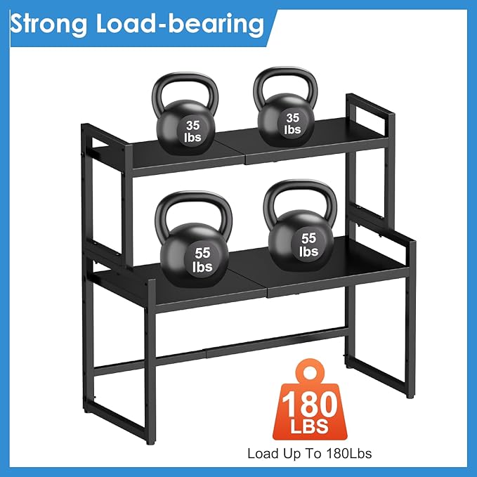 2 Pack Expandable Storage Shelves (Small + Large), Heavy Duty Metal Shelving Unit Rack Pots Pans Microwave Small Appliances, Adjustable Height Storage Shelf Rack Organizer For Kitchen Cabinet Pantry