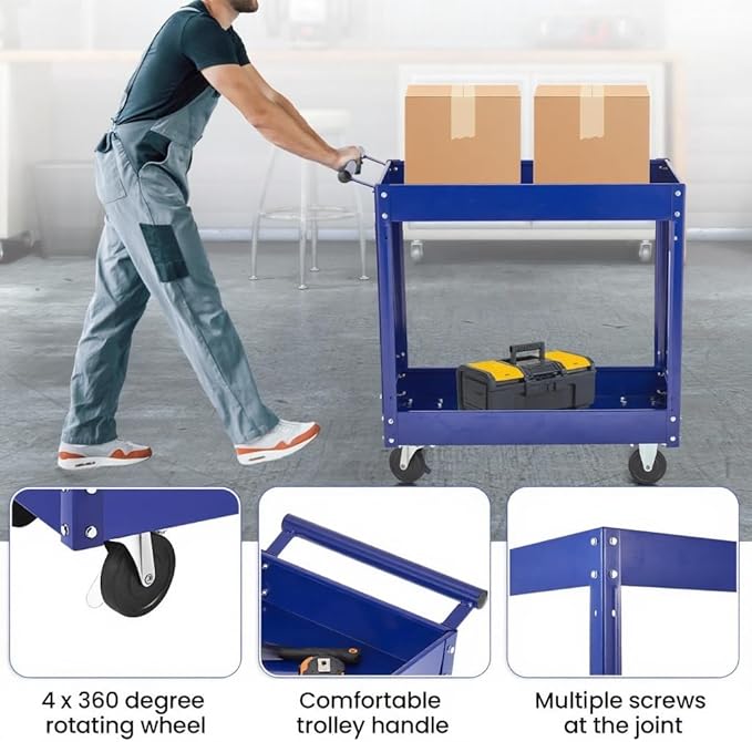 2 Tier Metal Utility Cart,330 Lbs Metal Heavy Duty Utility Cart On Wheels,2 Shelf Steel Rolling Tool Cart, Tool Storage Organizer for Mechanic, Garage, Workshop, Warehouse
