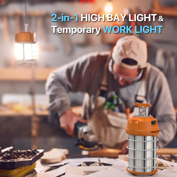 HYPERLITE LED Temporary Work Light 150W 18750LM 500W HID/HPS 5000K, Portable Hanging Construction Light with Stainless Steel Safety Guard and Sturdy Hook for Job Site, Workshop(with an ON/Off Switch)