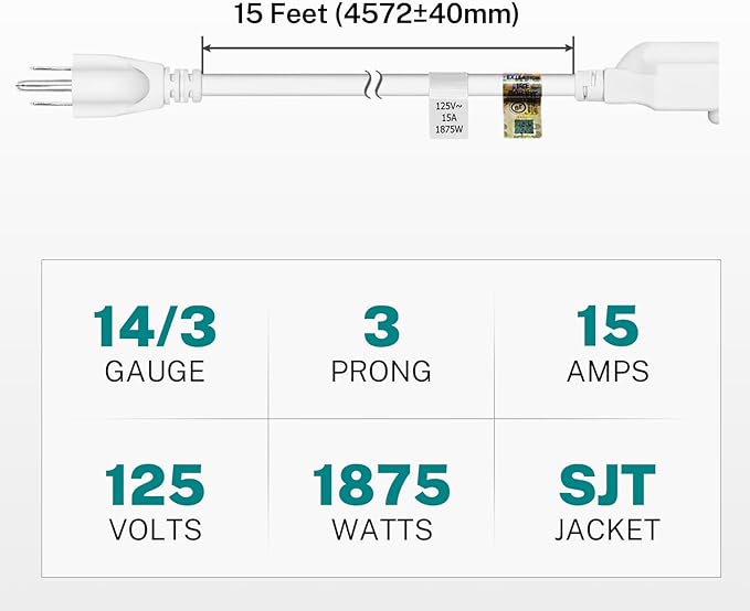 FIRMERST 14 AWG 3 Prong Extension Cord 15 ft 1875W 15A White, UL Listed