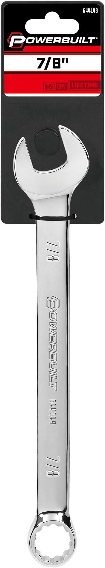 Powerbuilt 7/8-Inch Combination Wrench, SAE 12 Point Double Ended Box and Open End, Polished, 15 Degree Offset - 644149
