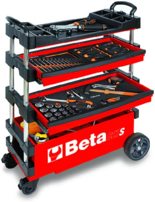 Beta C27S Collapsible Rolling Tool Cart | Heavy-Duty Mobile Metal Tool Trolley with Locking Drawers, 4” Steering Wheels, Brake System | Thermoplastic Worktop | Red
