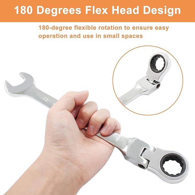 Piutouyar 22mm Flex-Head Ratcheting Wrench, Professional Metric Ratchet Wrench Combination Wrench Box Ended Spanner Tool for Projects Repair(5° Movement and 72 Teeth 12 Point, CR-V)