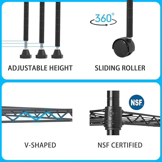 30" L×14" W×60" H Wire Shelving Unit Metal Shelf with 5 Tier Casters Adjustable Layer Rack Strong Steel for Restaurant Garage Pantry Kitchen Garage,Black