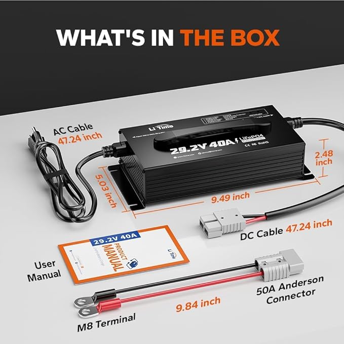 LiTime 24V (29.2V) Lithium Battery Charger, 40A Smart AC-DC Fast Charger with Anderson Connector & LED Indicator, Portable Mountable Charger for 24 Volt LiFePO4 Batteries, Ideal for RV, Home, Off-Grid