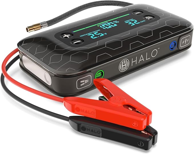 HALO Bolt Air+ 1750 Portable Car Battery Jump Starter | 130 PSI Air Compressor, 59.9Wh USB Power Bank, Large Display, Emergency Floodlight & Charger, Jumps Cars SUVs & Trucks, Inflates Tires — Black