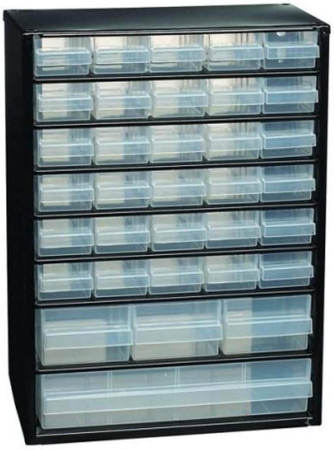 Raaco Steel Storage Cabinet, Standard 34-Drawer, Clear Polypropylene Plastic Drawer – Small Parts Organizer, Screws, Nuts & Bolts, Crafts & Hardware – Tool Cabinet for Workbench & Wall Storage (C9-34)