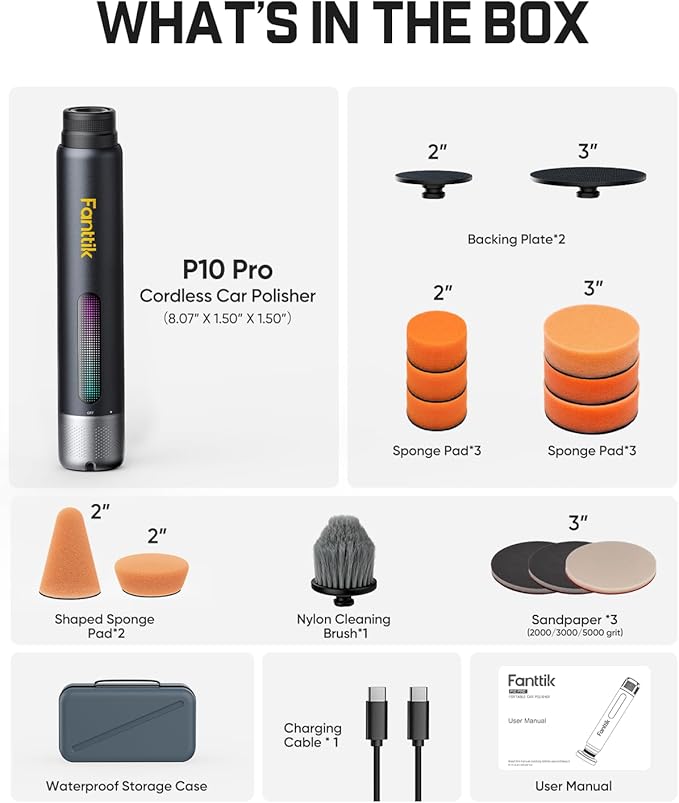 Fanttik P10 Pro Mini Car Buffer Polisher, 4000mAh Cordless Rotary Car Polisher Waxer, 2 Inch/3 Inch, 3 Variable Speed 300-950 RPM Car Detailing Kit for Polishing, Sanding, Waxing and Cleaning
