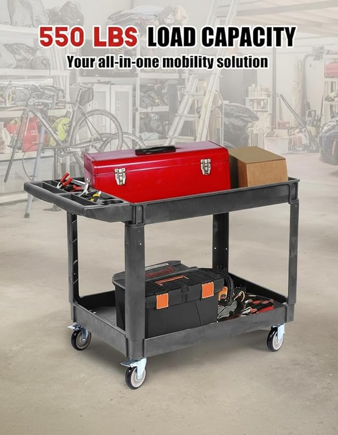 2 Tier Metal Utility Cart,330 Lbs Metal Heavy Duty Utility Cart On Wheels,2 Shelf Steel Rolling Tool Cart, Tool Storage Organizer for Mechanic, Garage, Workshop, Warehouse (Gray, 46x25x33.5)