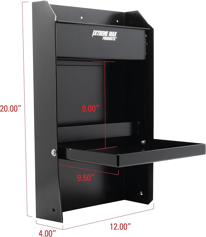 Extreme Max 5001.6119 Junior Wall-Mount Aluminum Work Station Storage Cabinet Flip-Out Work Tray with Paper Towel Rack Organizer for Enclosed Race Trailer Shop Garage Storage - Black